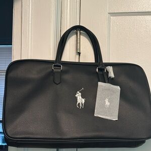 Polo by Ralph Lauren Black Pebbled Leather Duffel with White Logo